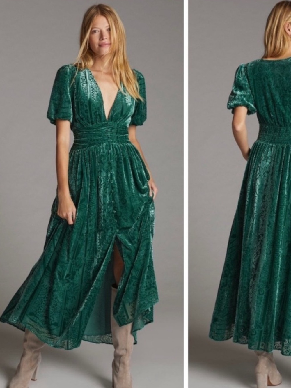Anthropologie Velvet Maxi Dress Puff Sleeves